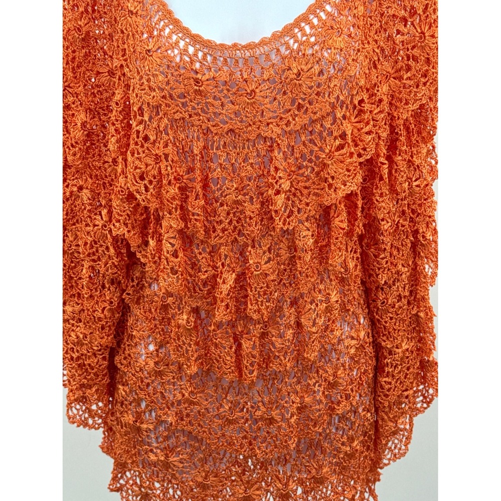 Ania A Orange Crochet Knit Tiered Ruffle Floral Top L/XL Rayon Boho Scoop Neck - Picture 3 of 10